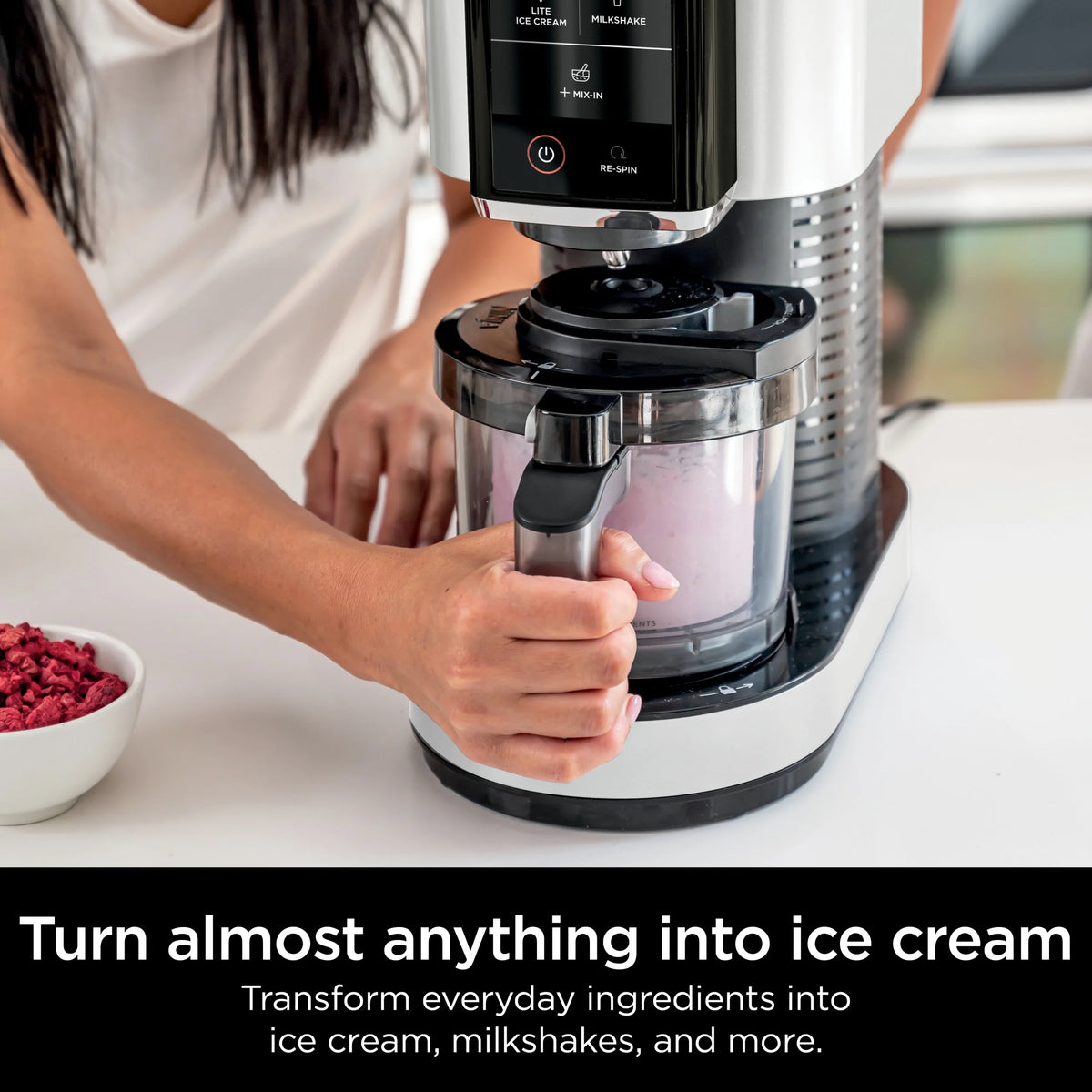 Ninja CREAMi Ice Cream Maker, for Gelato, Mix-ins, Milkshakes, Sorbet, Smoothie Bowls & More, 5 One-Touch Programs, with (2) 16 oz Pint Containers & Lids, Perfect for Kids, White, NC300WH