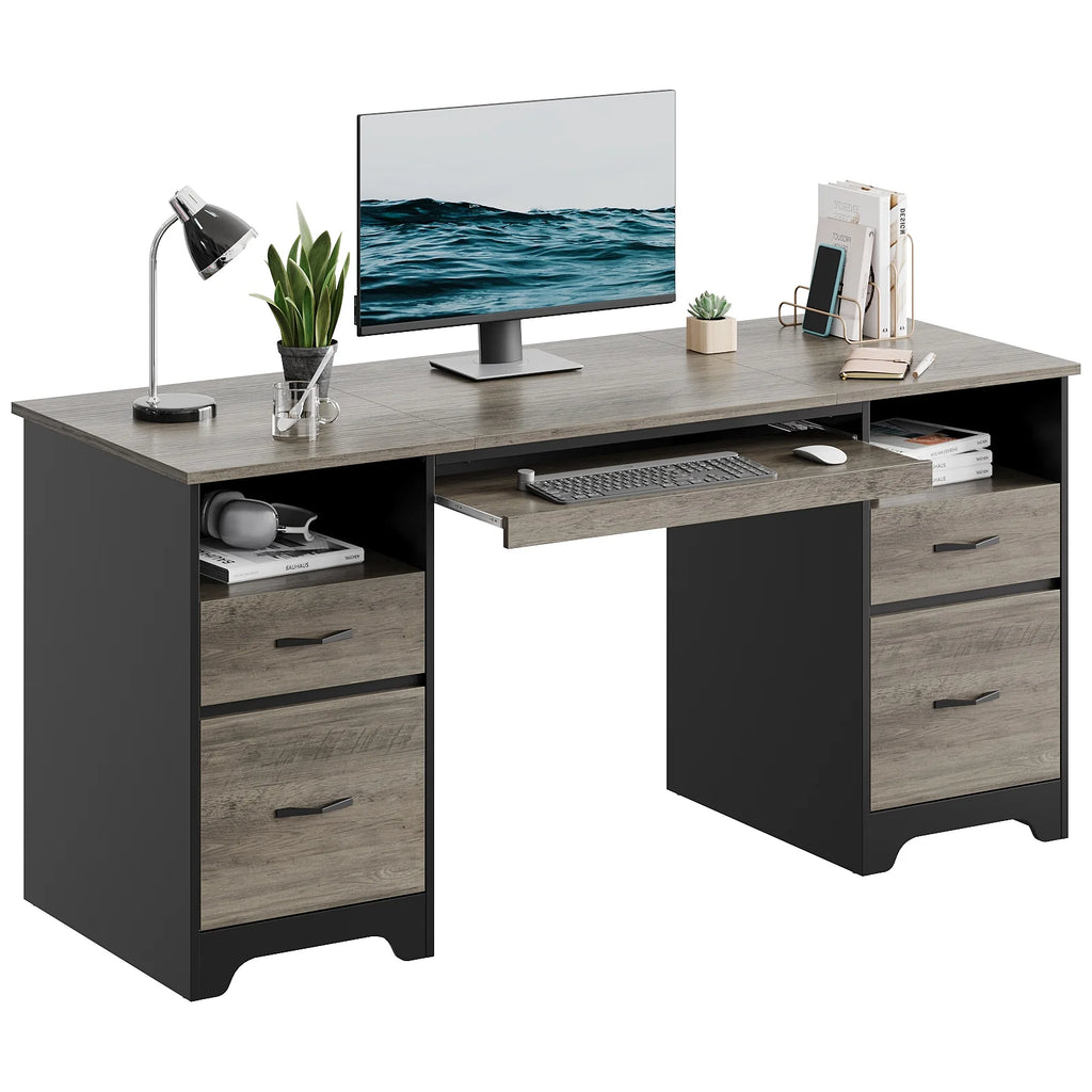 Bestier 59 Computer Desk with 4 Drawers, Office Executive Desk with File Drawer, Keyboard Tray for Home Office, Gray