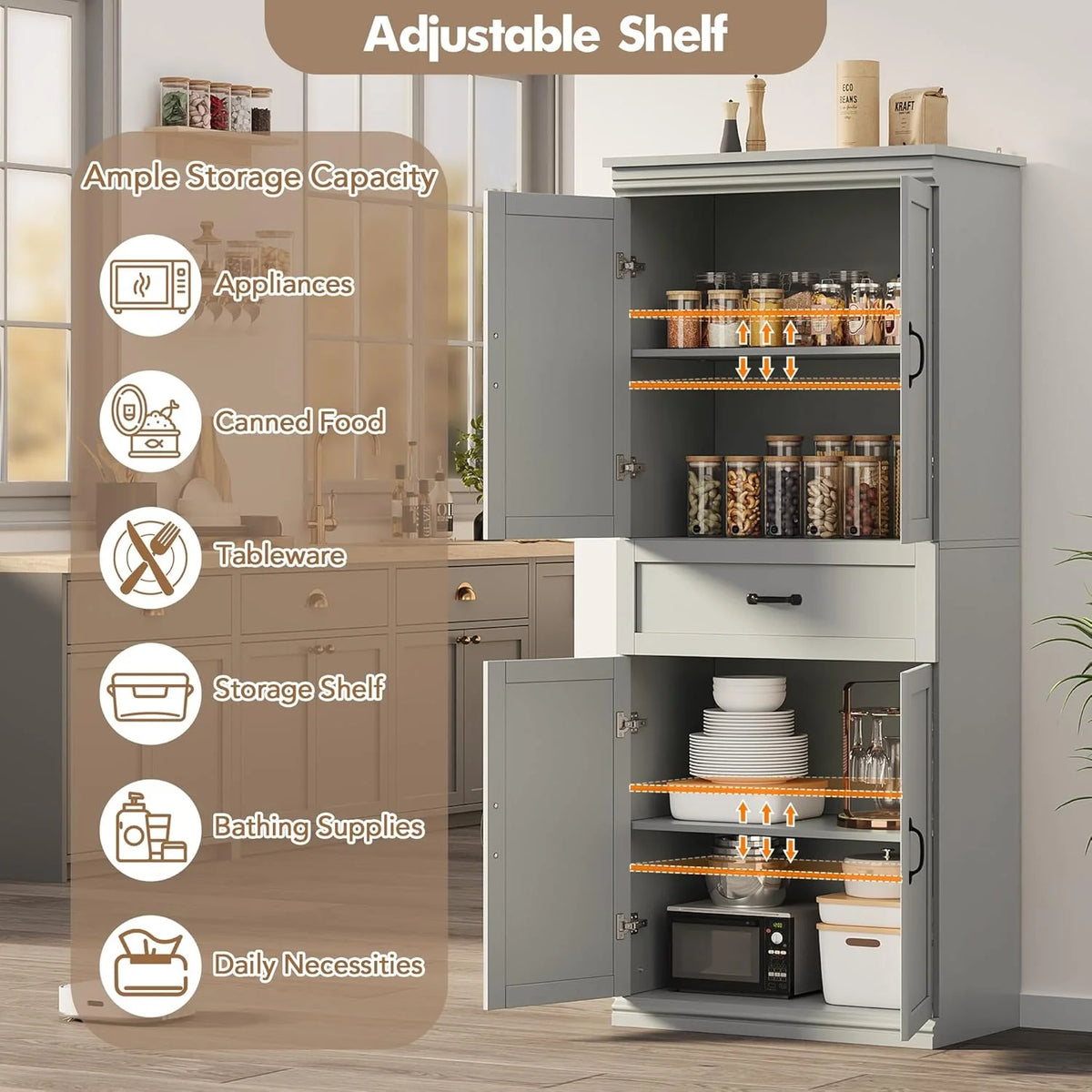 Ataucjin 70" Tall Kitchen Pantry Cabinet, Freestanding Cupboard Kitchen Pantry Storage Cabinet, Freestanding Cupboard with Doors and Adjustable Shelves, for Bathroom, Dining Room, Living Room