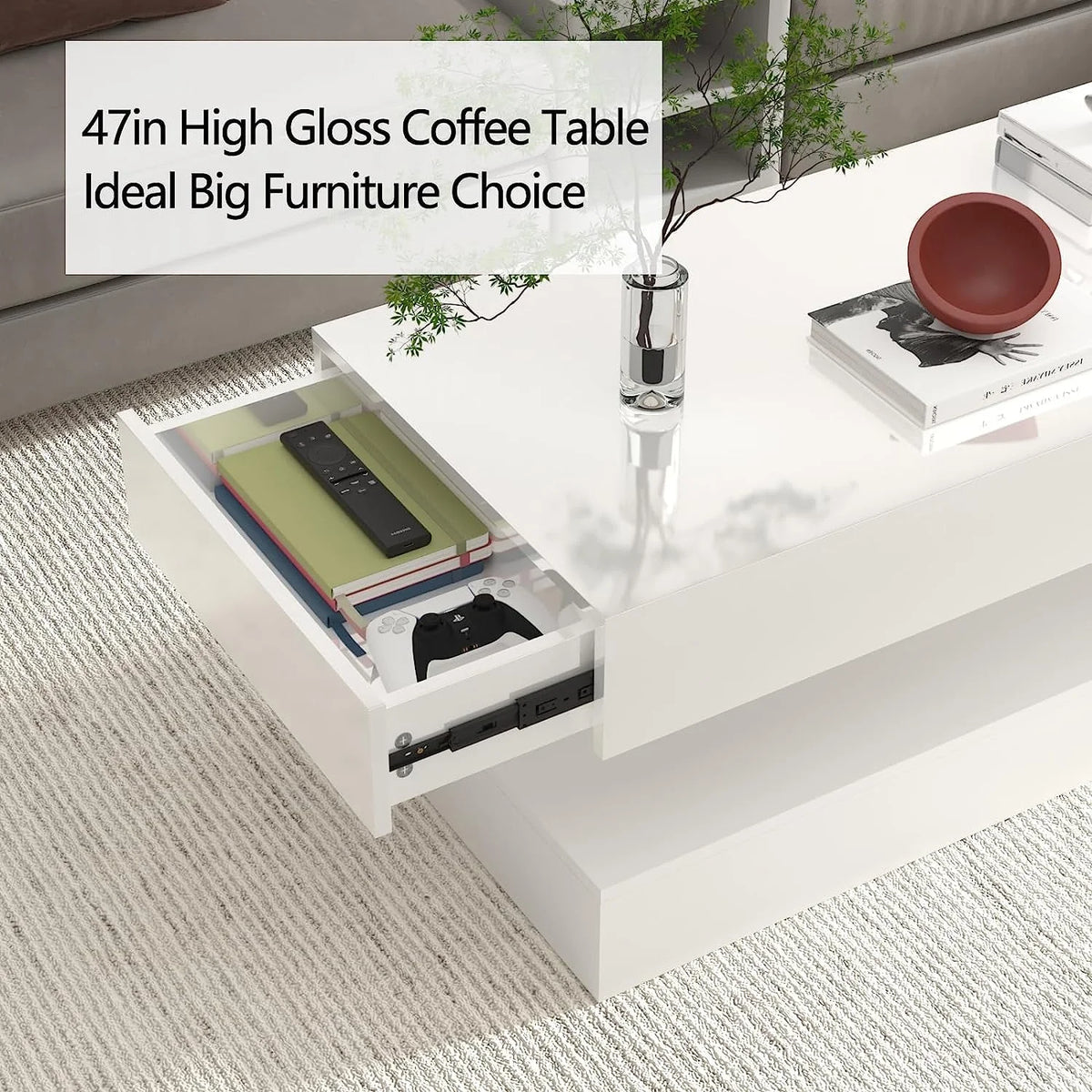 ChVans Large Black LED Coffee Table with 2 Storage Drawers, Modern High Gloss Coffee Table w/20 Colors LED Lights/APP Control, 2 Tiers Rectangle Large Living Room Furniture w/Marbling Print(47.3")