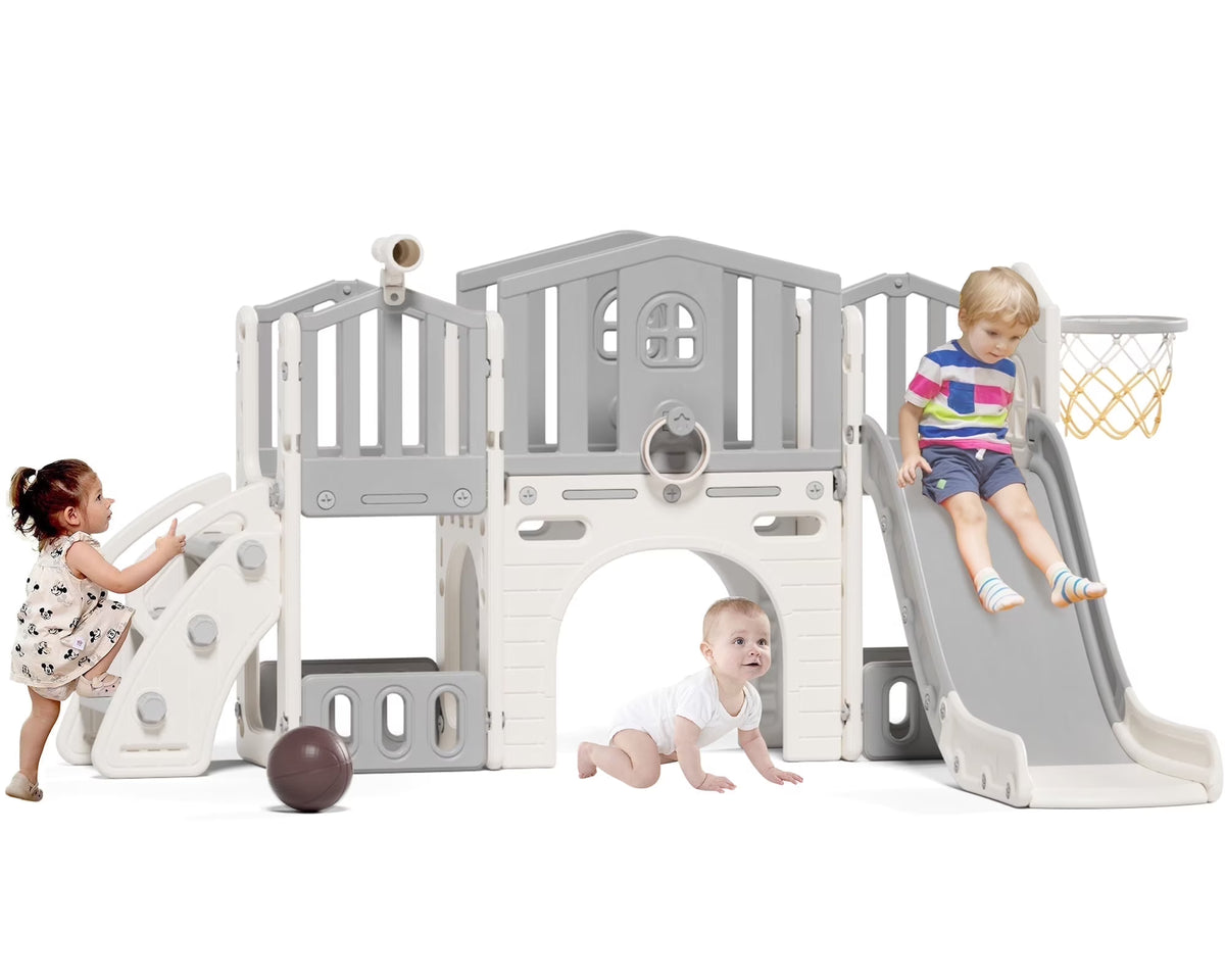 KORIMEFA 9 in 1 Kids Toddler Slide Set, Toddler Climber Slide for Age 1-3 with Basketball Hoop & Ball, Indoor Outdoor Playground Slide, Blue