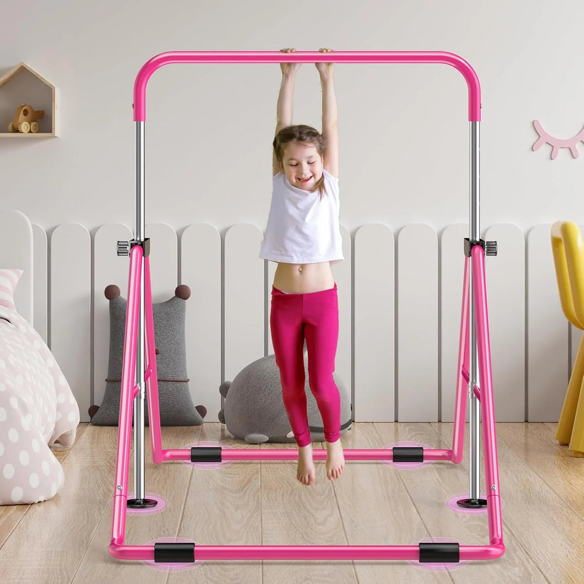 Safly Fun Gymnastics Bar with Mat for Kids, Height Adjustable Junior Training Bar Mat for Home, Folding Gymnastic Horizontal Bars Equipment (Pink+Mat)