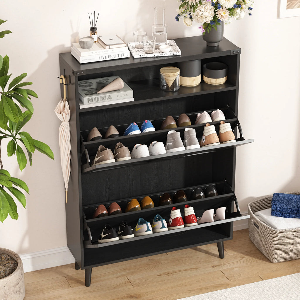 Veanerwood Shoe Cabinet with 2 Flip Drawers Farmhouse Shoe Storage Cabinet Organizer for Entryway, Gray