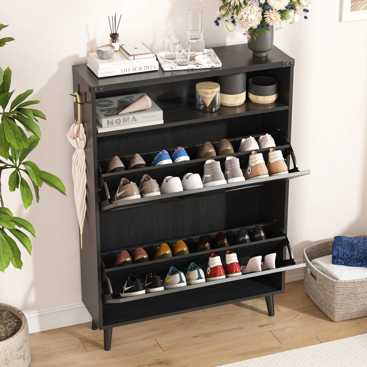 Veanerwood Shoe Cabinet with 2 Flip Drawers Farmhouse Shoe Storage Cabinet Organizer for Entryway, Gray