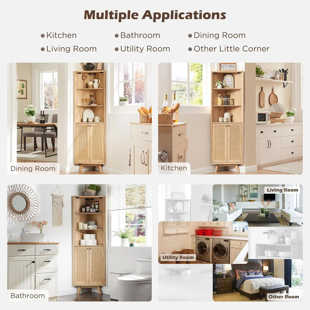 OKD Farmhouse Tall Corner Cabinet with Barn Door & Adjustable Shelves, 68" Rustic Wood Corner Cabinet with Storage Cabinet for Bathroom, Kitchen, Antique White