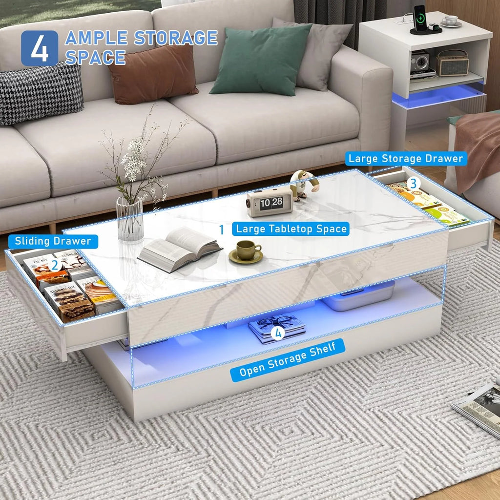 ChVans Large Black LED Coffee Table with 2 Storage Drawers, Modern High Gloss Coffee Table w/20 Colors LED Lights/APP Control, 2 Tiers Rectangle Large Living Room Furniture w/Marbling Print(47.3")