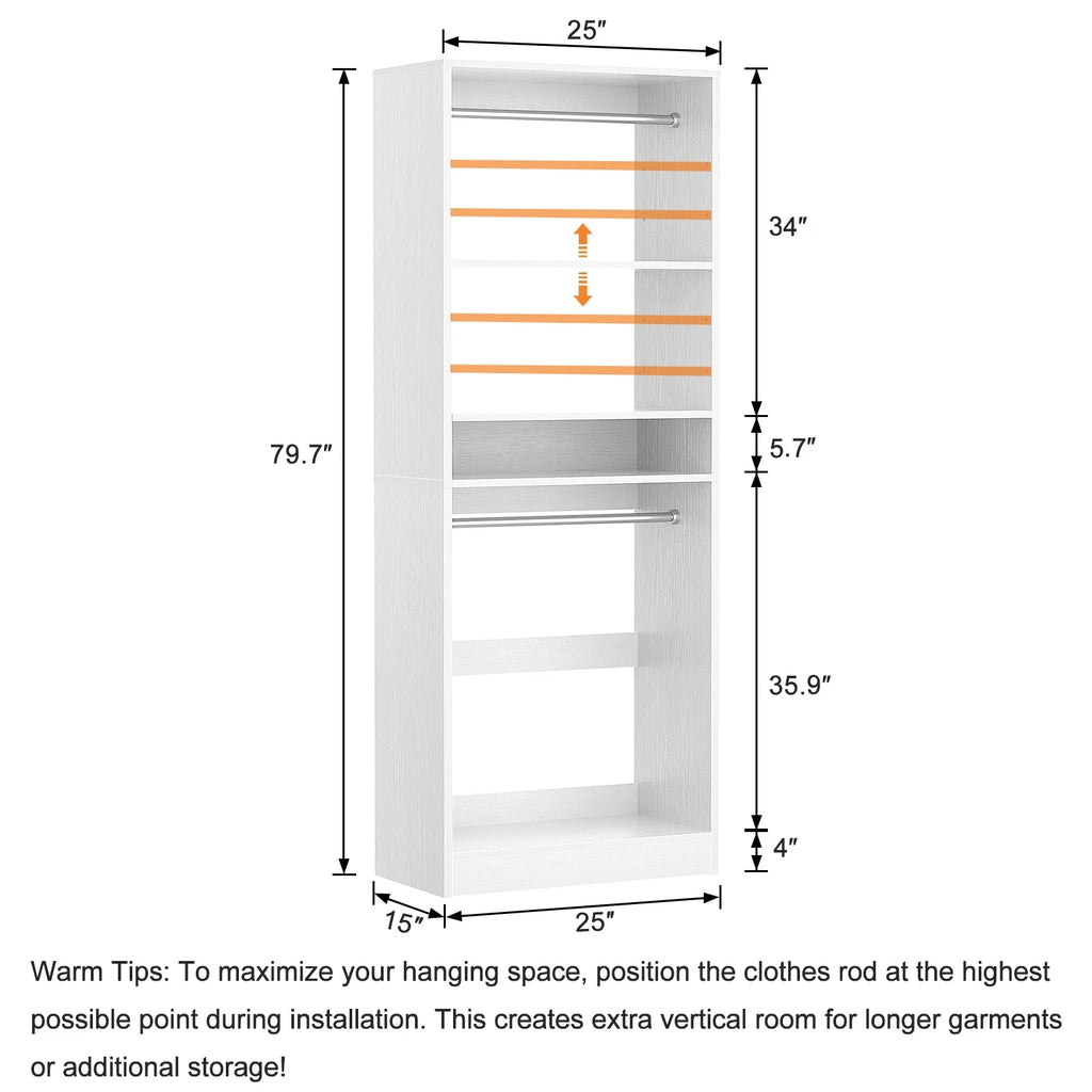 Homieasy 25 Closet System, Freestanding Closet Organizer Wardrobe with Hanging Rods and Shelves, Adjustable Clothes Garment Rack, Sturdy Walk in Closet Tower, White