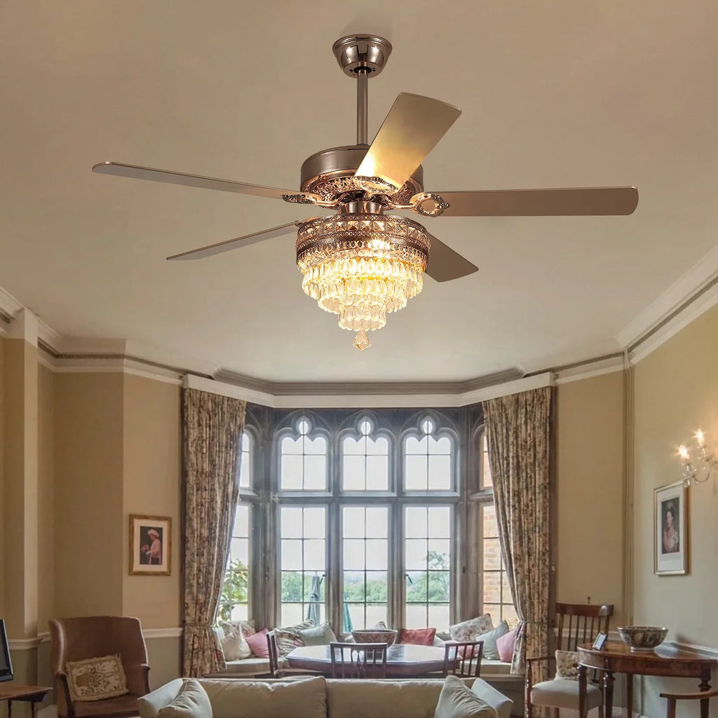 YIOSI 52" Crystal Ceiling Fan Fandelier with Remote Control, Modern Chrome Chandelier Ceiling Fan, Whisper-Quiet Motor, Reversible Blades, LED Lighting, Energy-Efficient, Elegant Living Room Fan