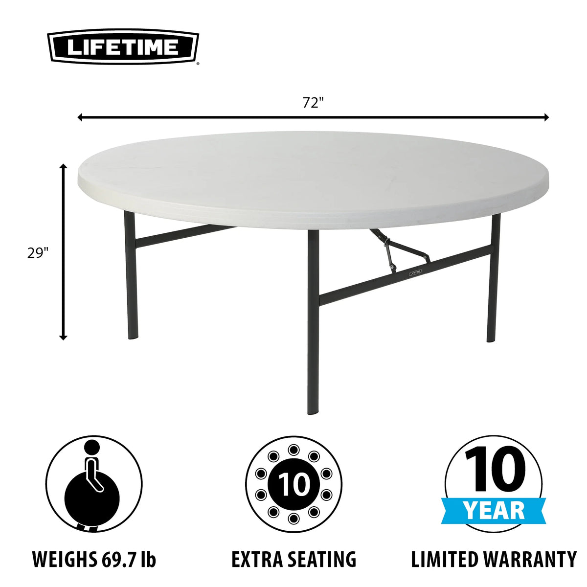Lifetime 72" Commercial Grade Round Folding Table, White (22673)