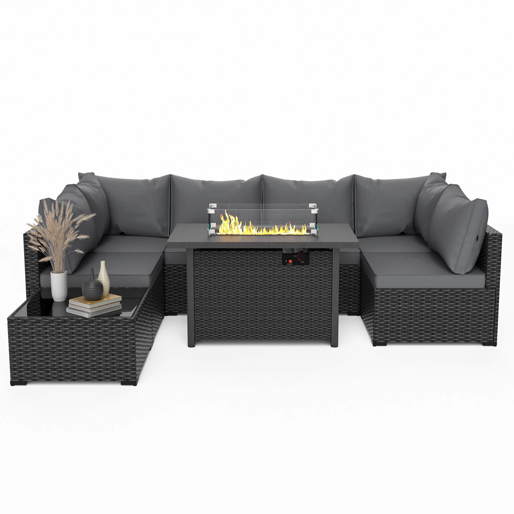 8 Piece Patio Furniture Set with 42" Propane Gas Fire Pit Table with Coffee Table,Blue