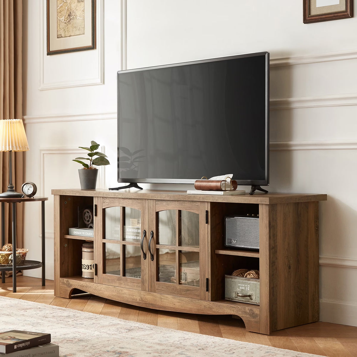 LINSY HOME Modern Farmhouse TV Stand for TVs up to 65",Home Entertainment Center with Storage Cabinet and Adjustable Shelves,Washed Grey & Brown