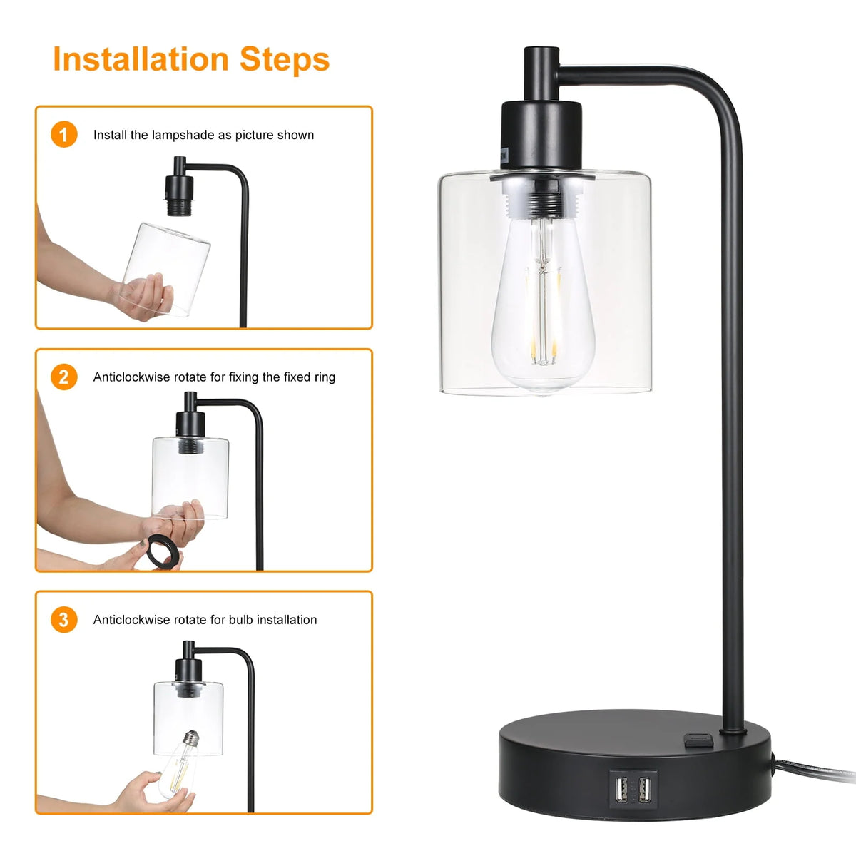 Neoglint Set of 2 Industrial Table Lamps, Black Touch Control 3-Way Dimmable, 2 USB Ports & AC Outlet Bedside Nightstand Lamps