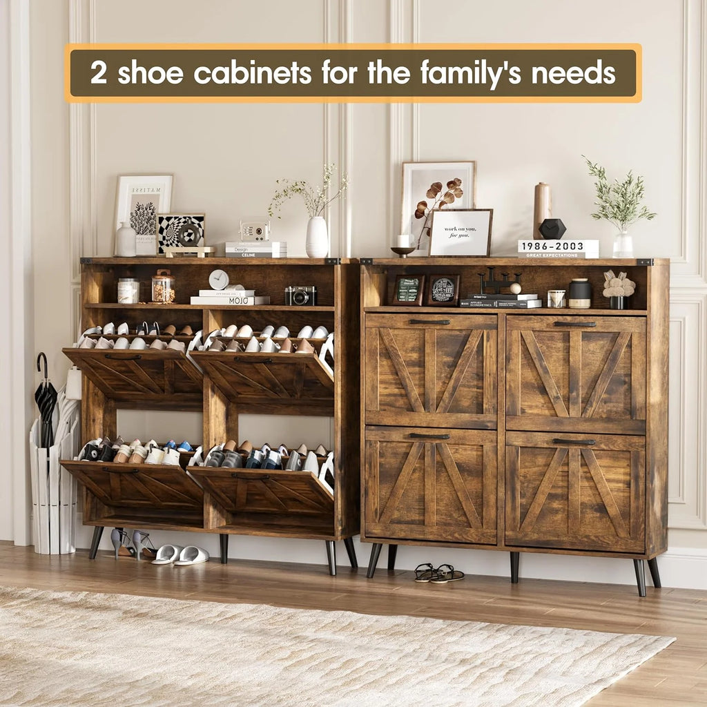 Veanerwood Shoe Cabinet with 2 Flip Drawers Farmhouse Shoe Storage Cabinet Organizer for Entryway, Gray