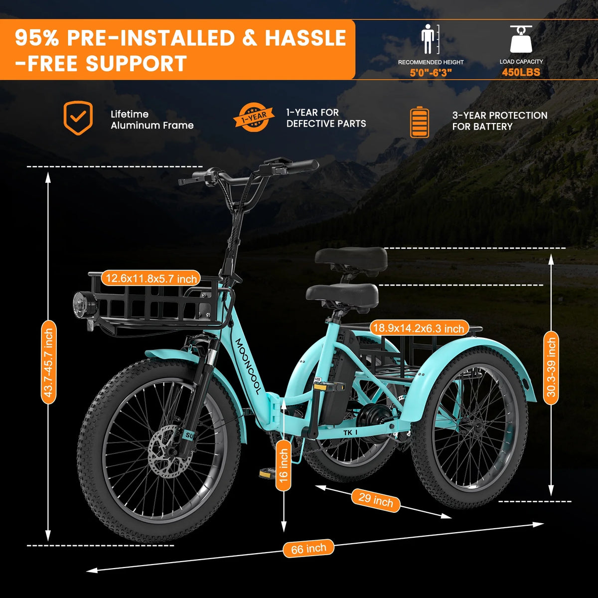 MOONCOOL TK1 Folding Electric Tricycle for Adults,48V 14.5Ah Removable battery, 500W Peak 1000w Motor, 20" Fat Tire Step-Thru 3Wheel Electric Bicycle w/Front&Rear Baskets, Certified to UL 2849 by SGS