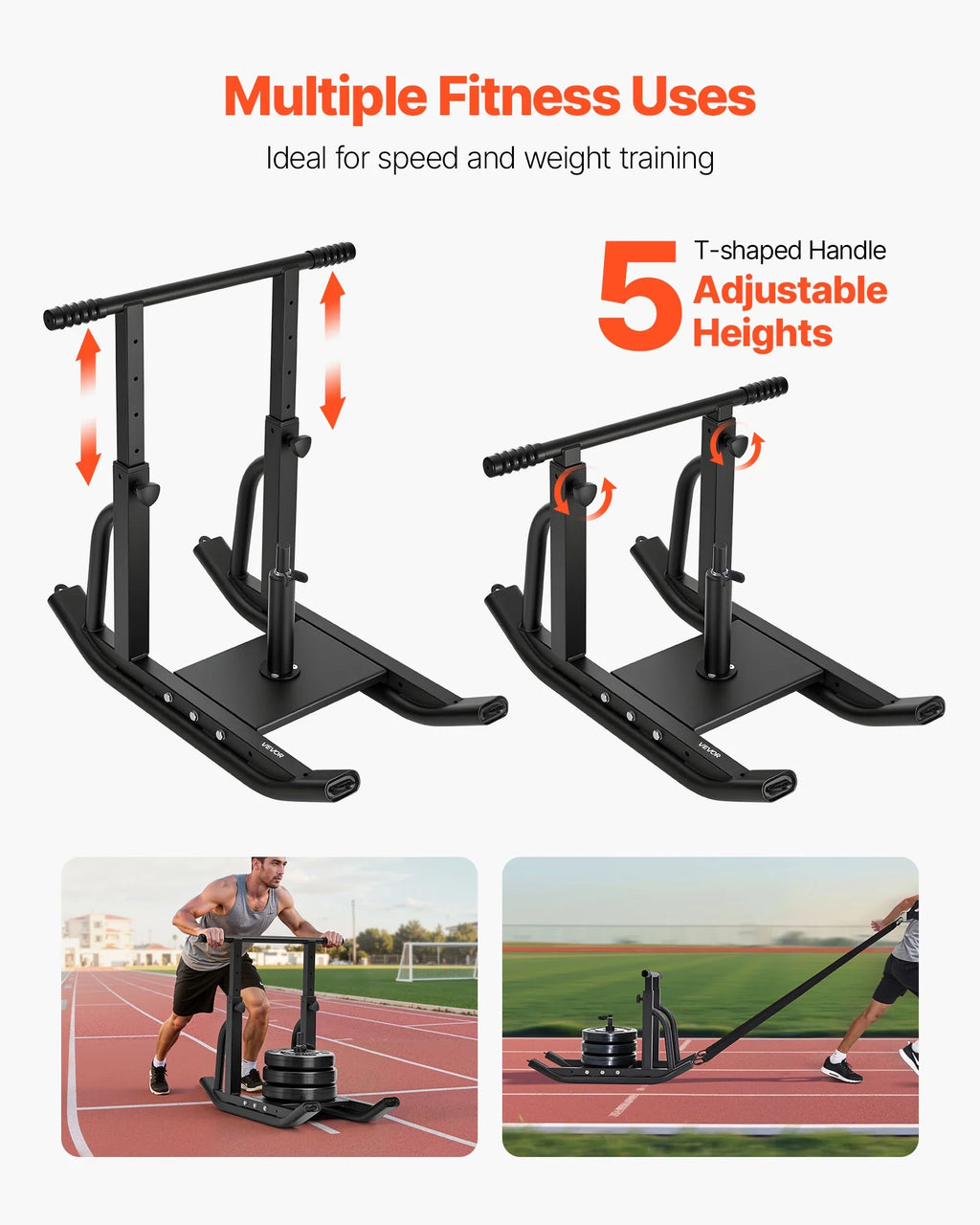 VEVOR Weight Sled, Steel Power Sled, Fitness Training Sleds for Athletic Exercise Speed Improvement, Workout Equipment with Adjustable Height Handle, Compatible with 1/2 in Weight Plates, Black