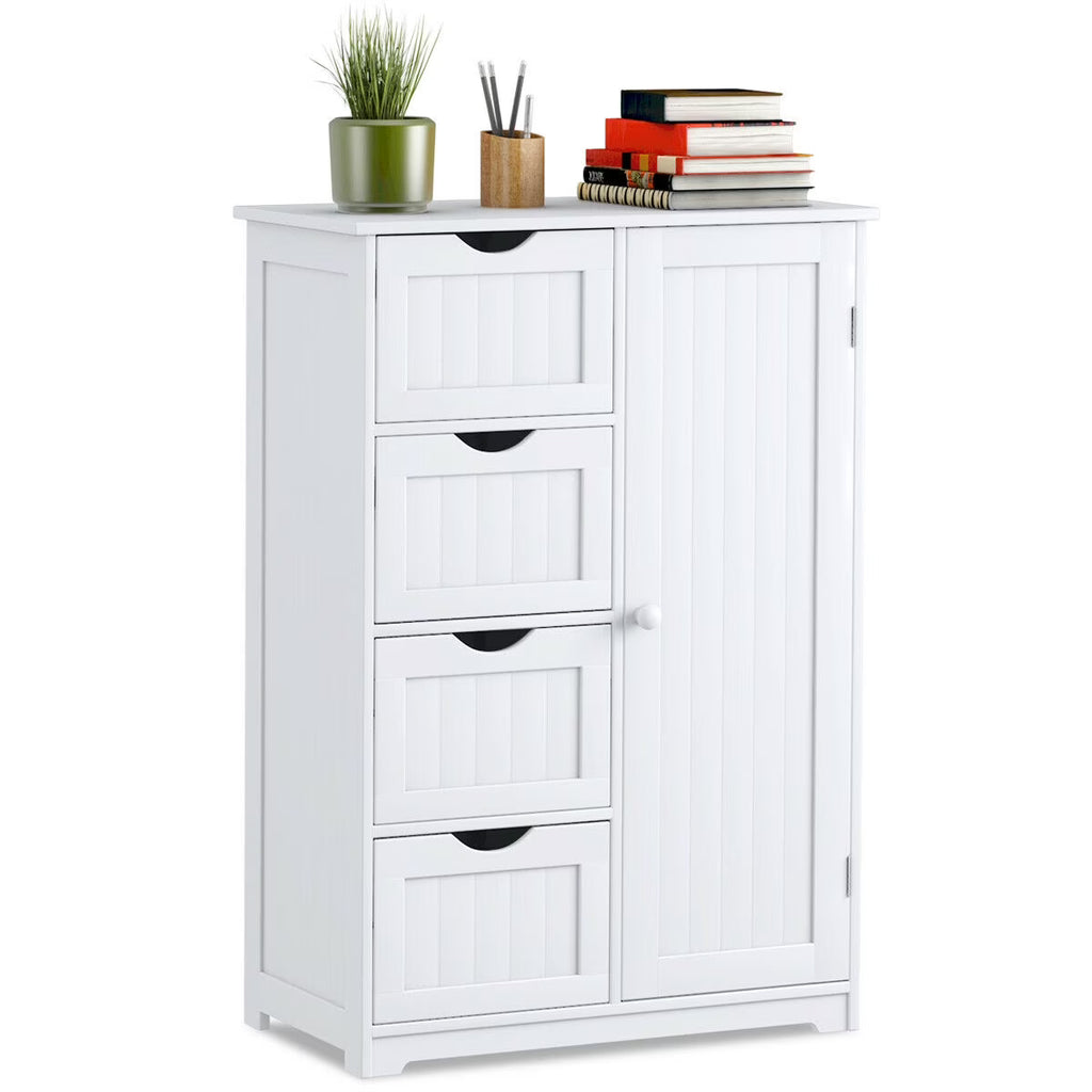 Gymax Bathroom Floor Cabinet Storage Organizer Cupboard w/ 4 Drawers Adjustable Shelf Grey