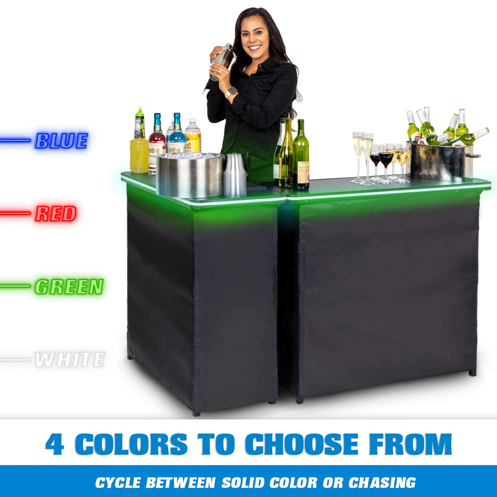 GoBar Portable Double Bar Table Set with Multi-Color LED Lights - Mobile Bartender Station for Events - Includes Carrying Case