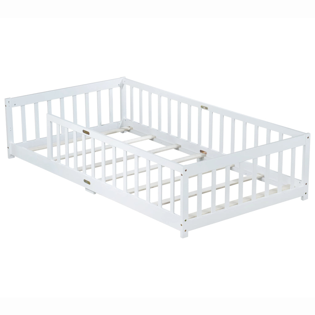 Miniyam Wooden Twin Size Floor Bed with Safety Fence for Kids, Natural