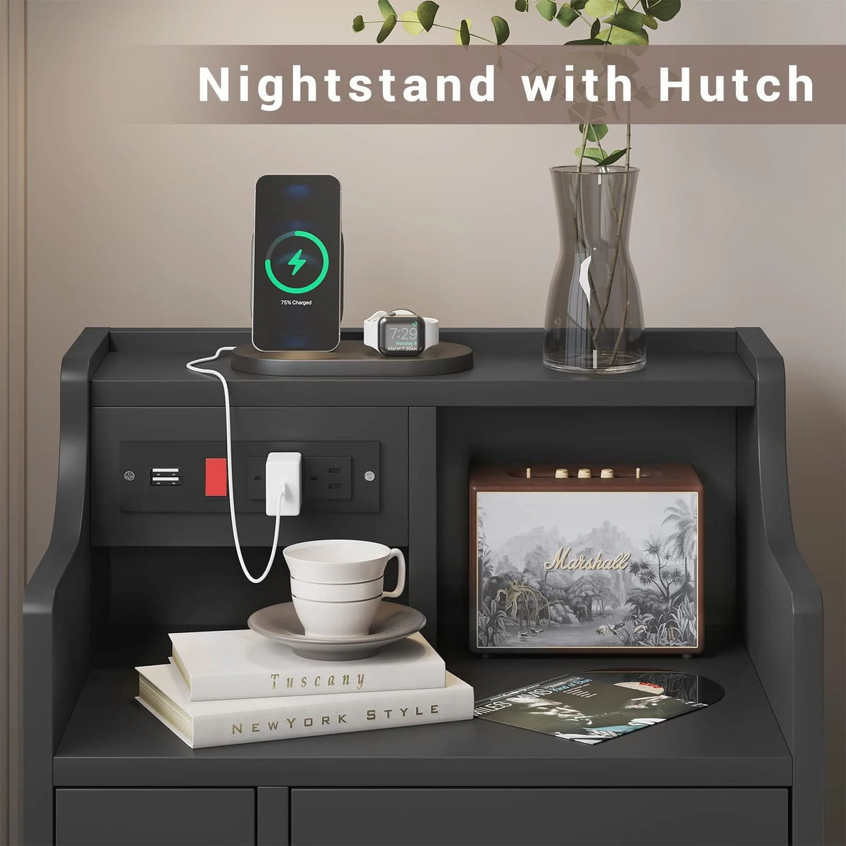 Nightstand with 3 Storage Drawers and Hutch, Black Night Stand with Charging Station End Side Table with 1 Door, Modern Bedside Table for Bedroom
