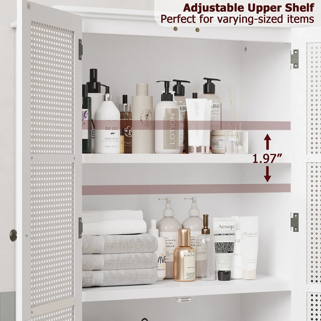 Homfa Bathroom Cabinet with Rattan Doors, Rattan Linen Storage Cabinet with 2 Drawers, Oak