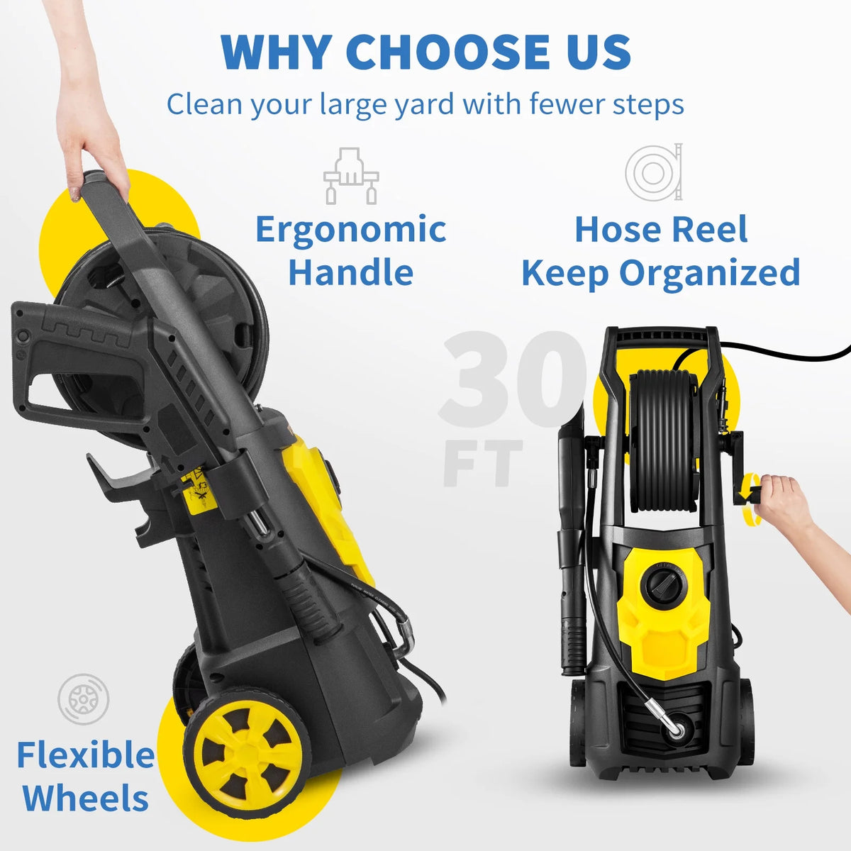 BENTISM Electric Pressure Washer, 2000 PSI 1.76 GPM 30 ft Hose & Reel, 5 Quick Connect Nozzles, Foam Cannon, Portable to Clean Patios, Cars, Fences, Driveways, ETL Listed