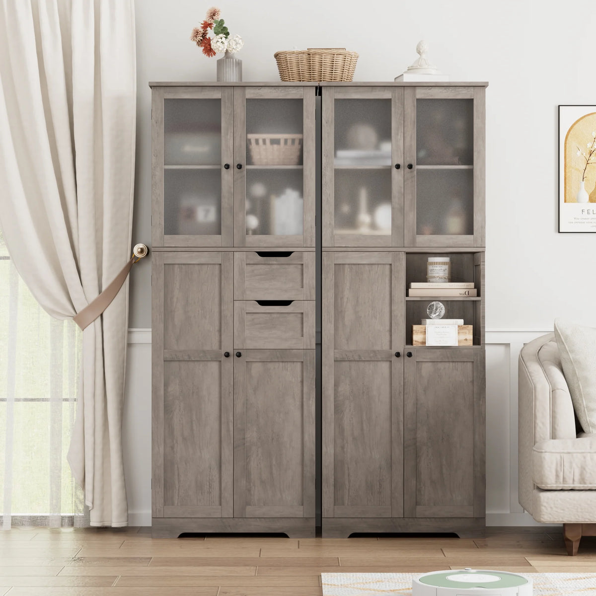 Homfa 67" Tall Bathroom Cabinet, White Linen Cabinet with Doors and Removable Drawers, Kitchen Cupboard