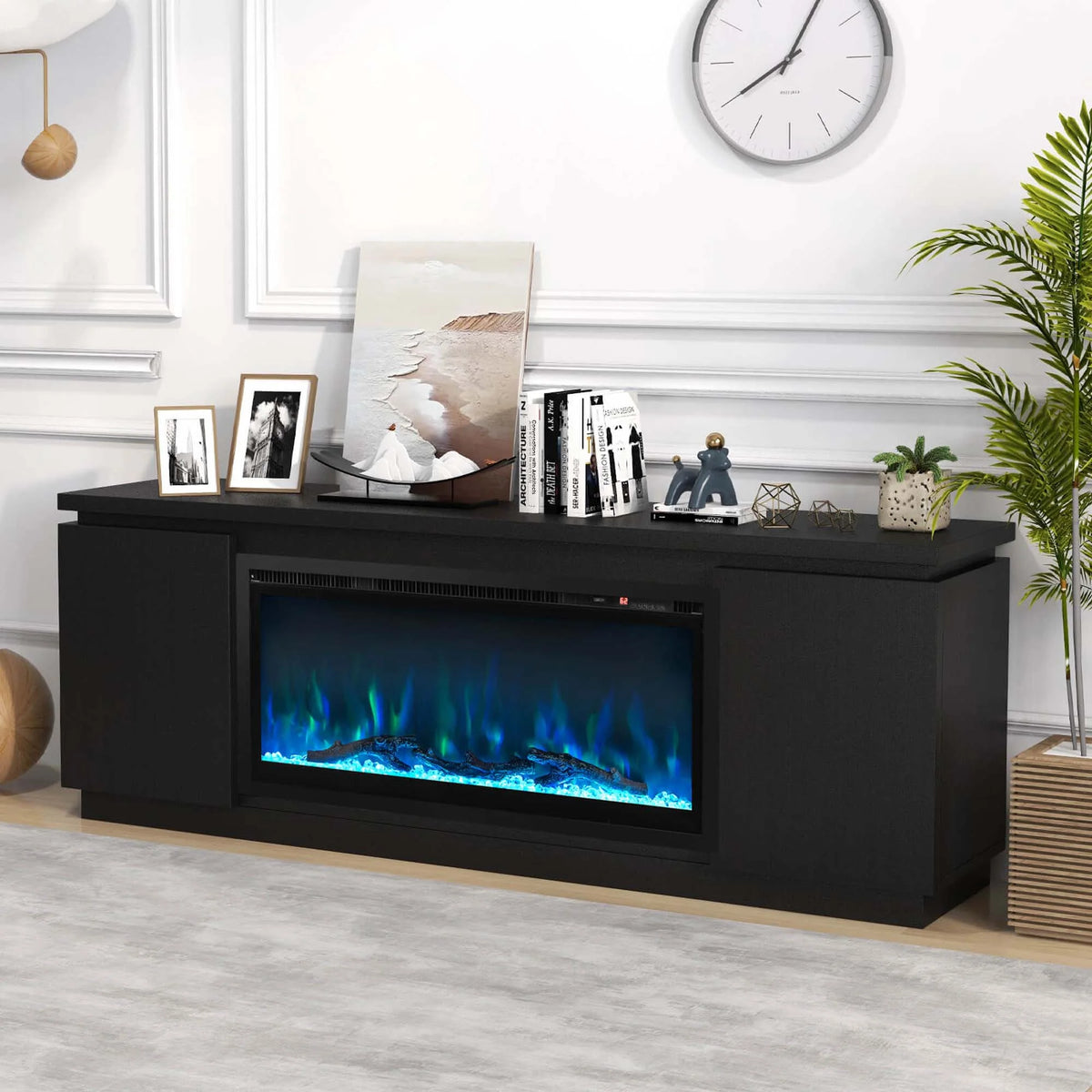 Costway Fireplace TV Stand for TVs up to 80" with Electric Fireplace 3 Adjustable Shelves Black