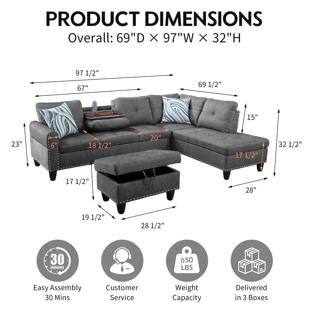 Aukfa 3 Piece Sectional Sofa, Living Room Couch with Storage Ottoman&Cup Holder, Linen, Right Hand, Purple