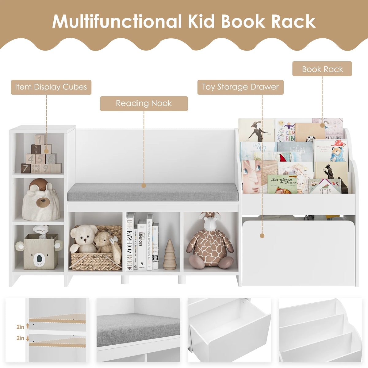 Homfa Kids Bookshelf with Reading Nook, 6 Shelf Bookcase with 1 Wood Toy Bin with 3 Tier Book Rack for Children Kidsroom