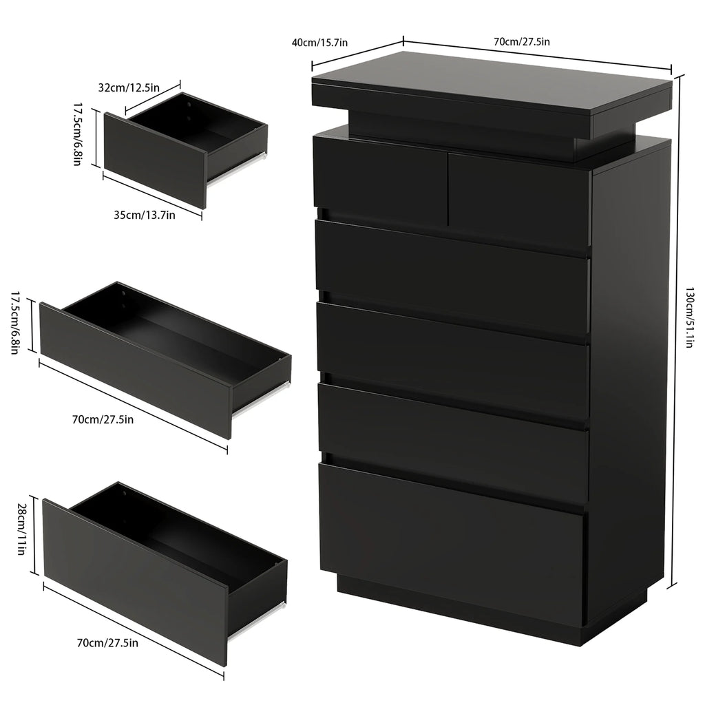 NEGYLIM 6 Drawer White Dresser, High Gloss Dresser with LED Light for Bedroom, Living Room, Hallway, Easy Assembly