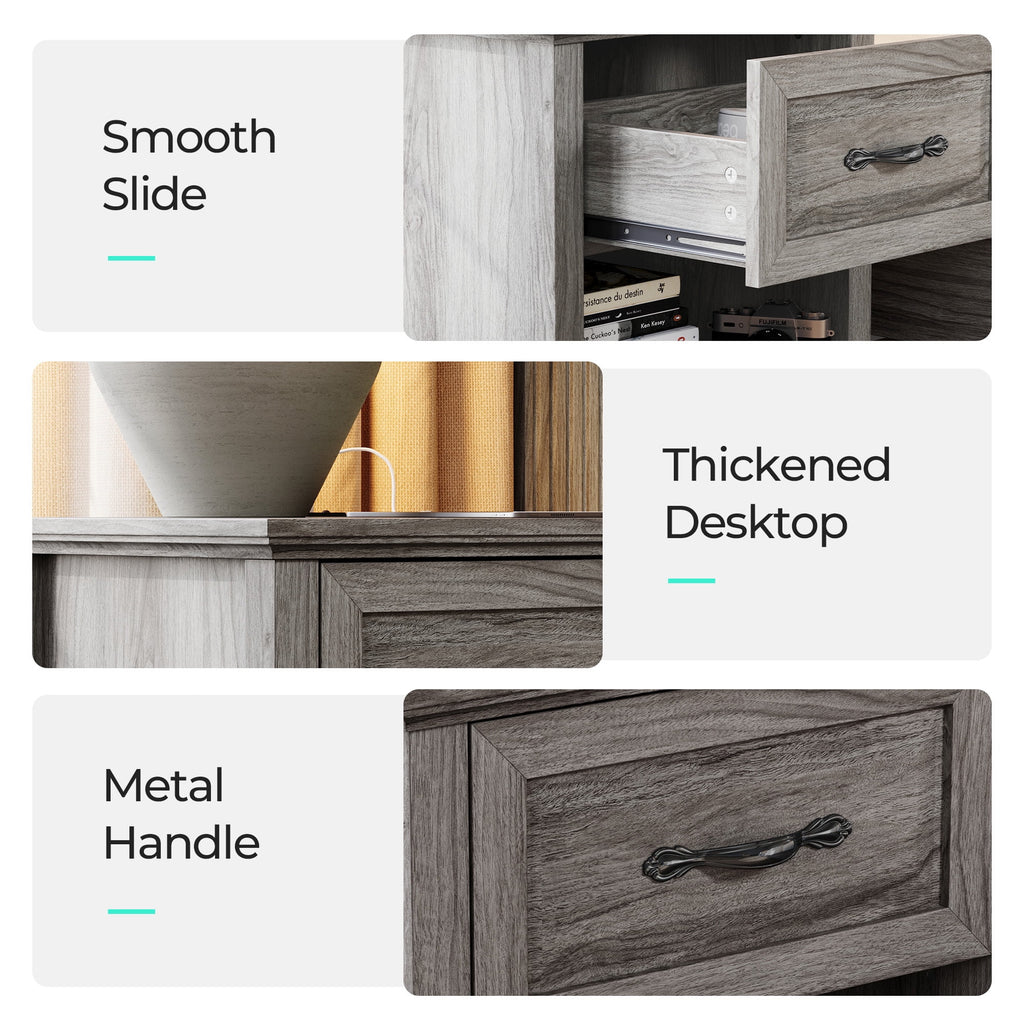 Linsy Home Nightstand for Bedroom set of 2 with Charging Station, Farmhouse End Tables for Living Room set of 2 with Drawer, Beige