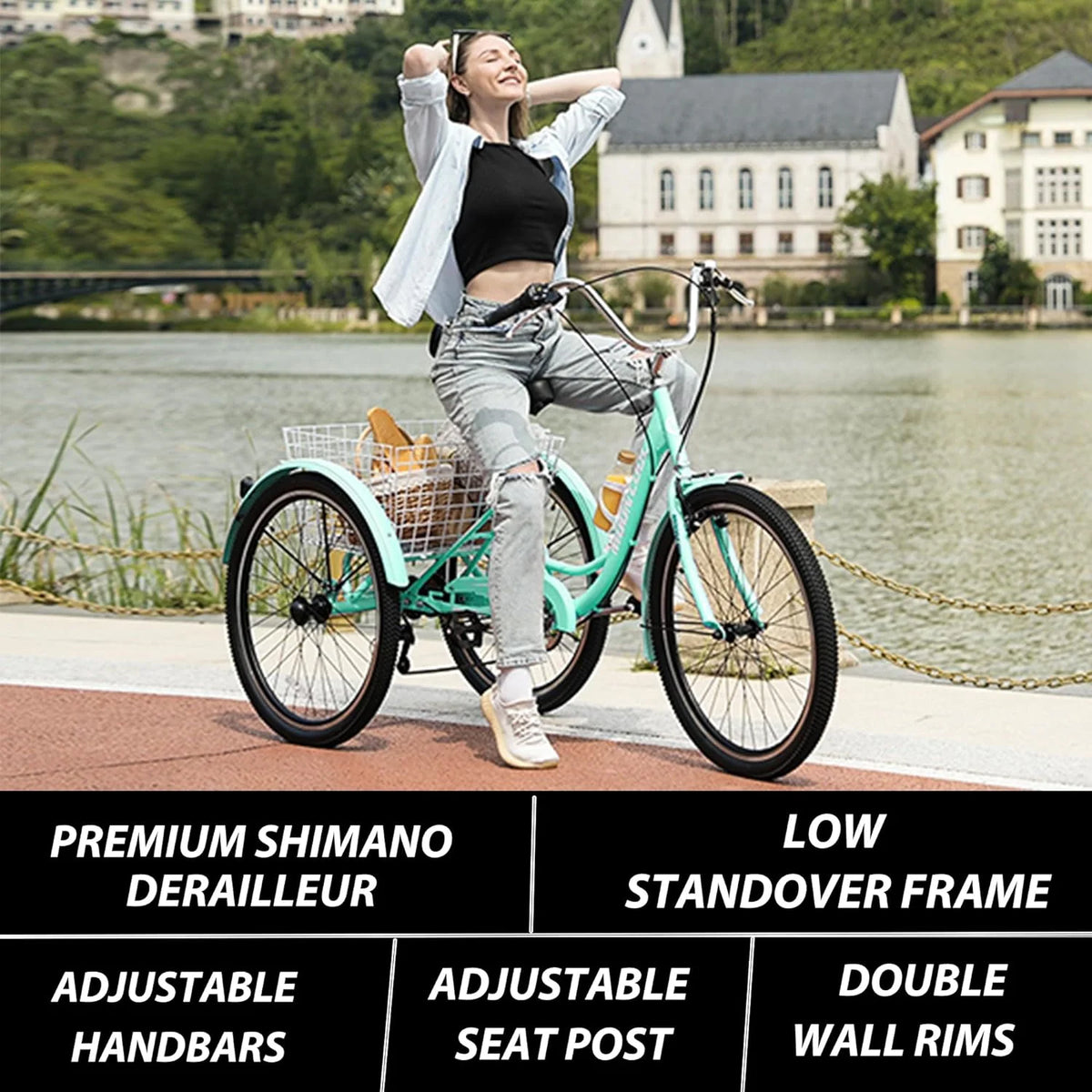 FICISOG 7 Speed Adult Tricycle for Women, 20/24/26 Inch Adult Trike with Basket, 3 Wheel Bikes for Adults Seniors, Cruise Trike for Shopping Picnic