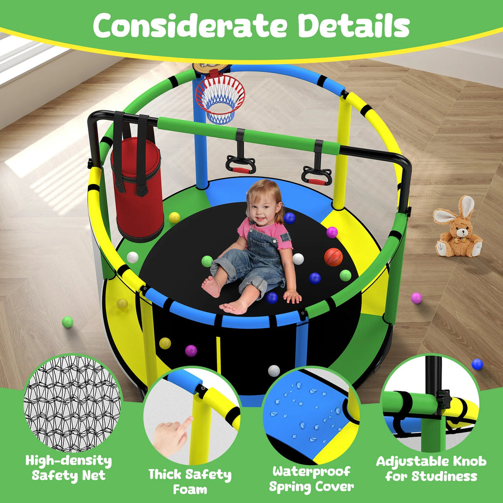 Mini Round Trampoline for Kids with Basketball Hoop, SEGMART 55'' Indoor Outdoor Toddler Trampoline with Enclosure Net, Swing, Sandbag, Ring, Ocean Balls, Small Trampoline Gift for Boys Girls, Blue