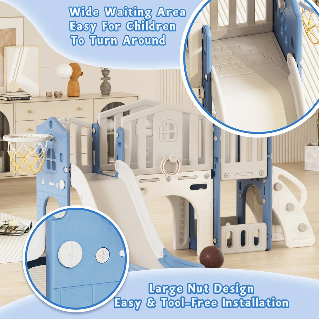 KORIMEFA 9 in 1 Kids Toddler Slide Set, Toddler Climber Slide for Age 1-3 with Basketball Hoop & Ball, Indoor Outdoor Playground Slide, Blue