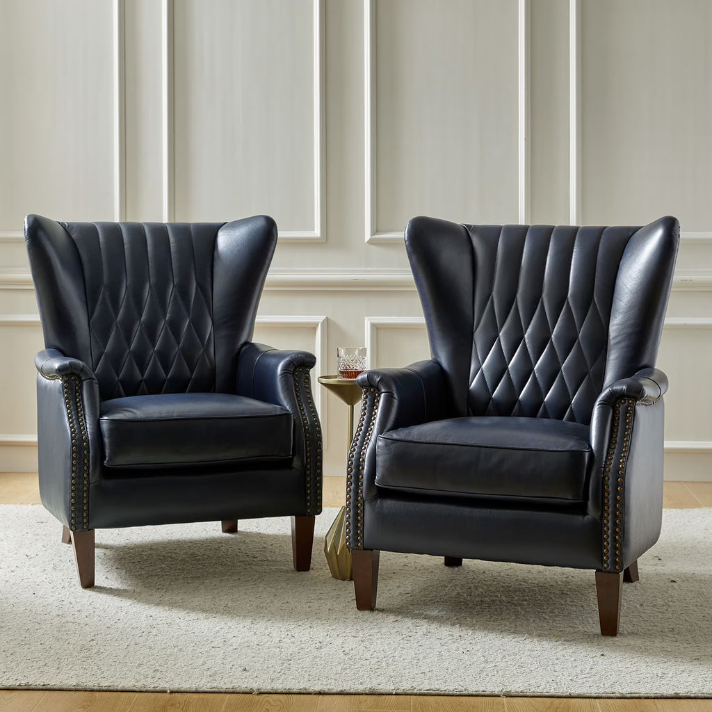 Traditional Genuine Leather Accent Chair with Nailhead Trim Tufted Armchair for Living Room Camel