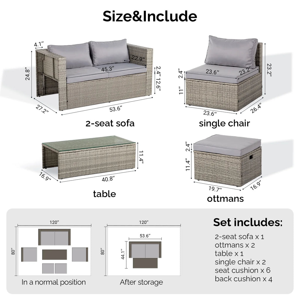 Ktaxon 7-Piece Wicker Patio Furniture Set, Patio Furniture Set with Water Resistant Thick Cushions and Coffee Table, Beige