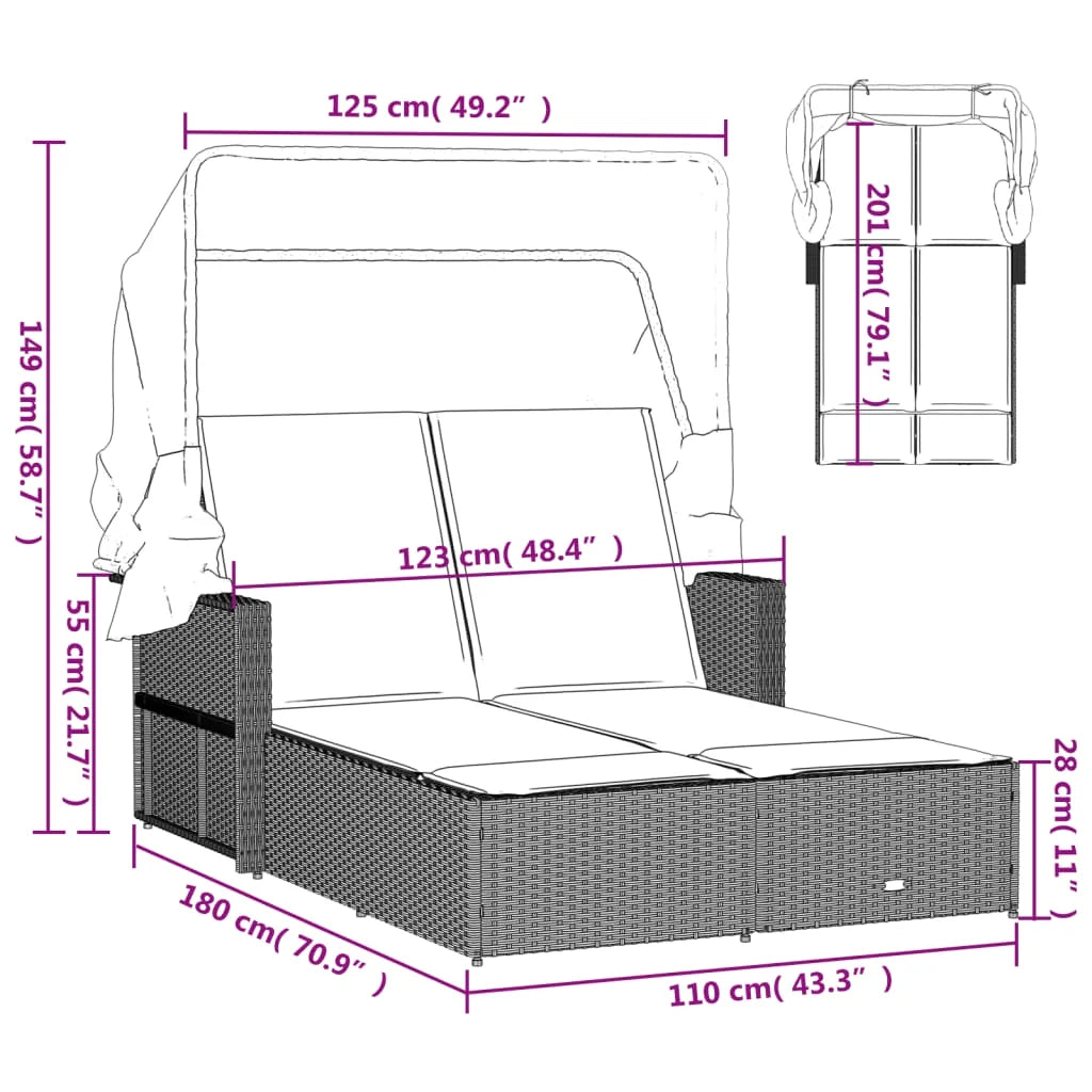 vidaXL Powder Coated Steel Removable Canopy and Cushions Double Sun Lounger, Beige