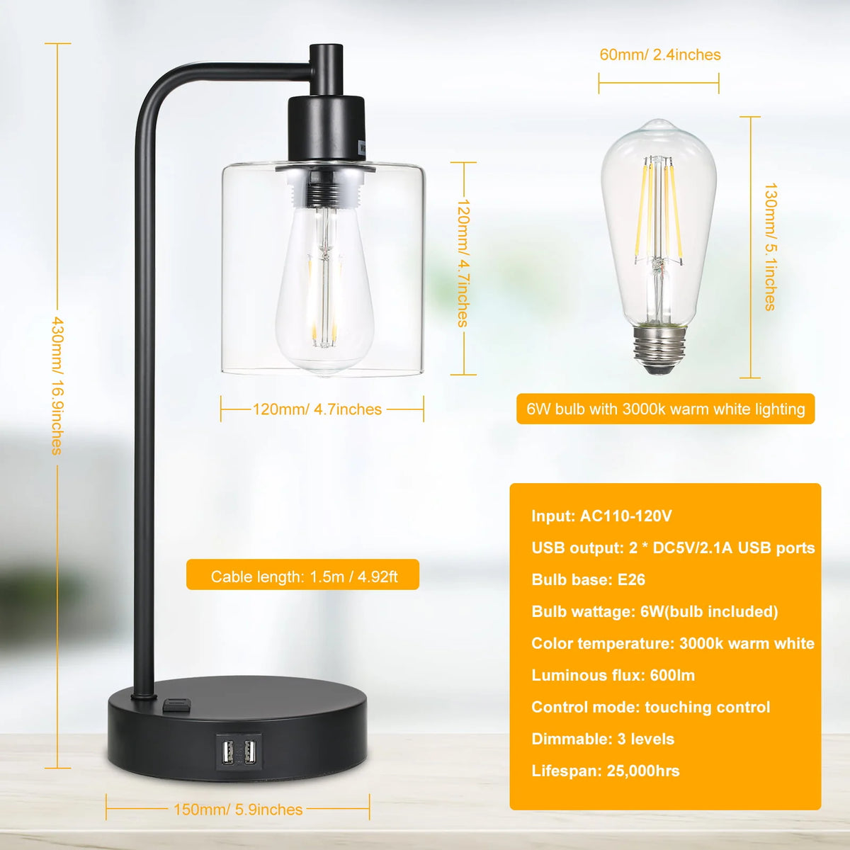 Neoglint Set of 2 Industrial Table Lamps, Black Touch Control 3-Way Dimmable, 2 USB Ports & AC Outlet Bedside Nightstand Lamps
