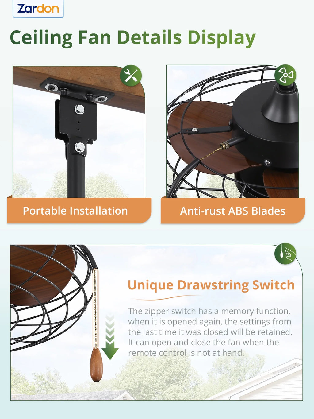 Zardon 20" Outdoor Ceiling Fan with Light and Remote, 7 Blades Caged Waterproof Gazebo Fan for Patio, Porch, Pergola Canopy, App Control