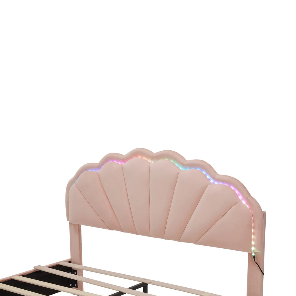 PORKISS Full Size LED Bed Frame with Drawers, Velvet Upholstered Bed, Princess Platform Bed with Chic Double Petal Headboard for Adults Teens, Pink