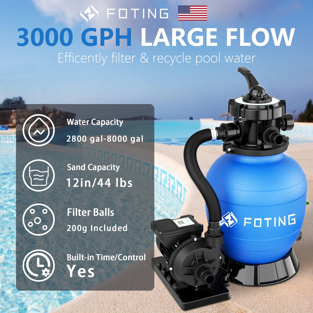 FOTING Sand Filter Pump for Above Ground Pool with Timer, 13in, Max 3800GPH for Pools Up to 13000GAL, 1HP, 6-Way Valve, Enhanced Circulation for Crystal-Clear Pool