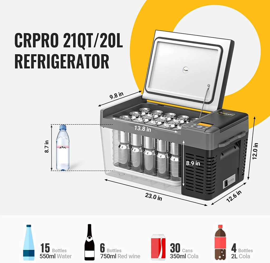 BougeRV Portable Car Refrigerator CRPRO 21 Qt, 12 Volt Fridge Compressor Freezer with -8℉~50℉ Cooling Range, 12V/24 DC & 110-240 AC for RV Truck Vehicle Boat Outdoor & Home Use Black