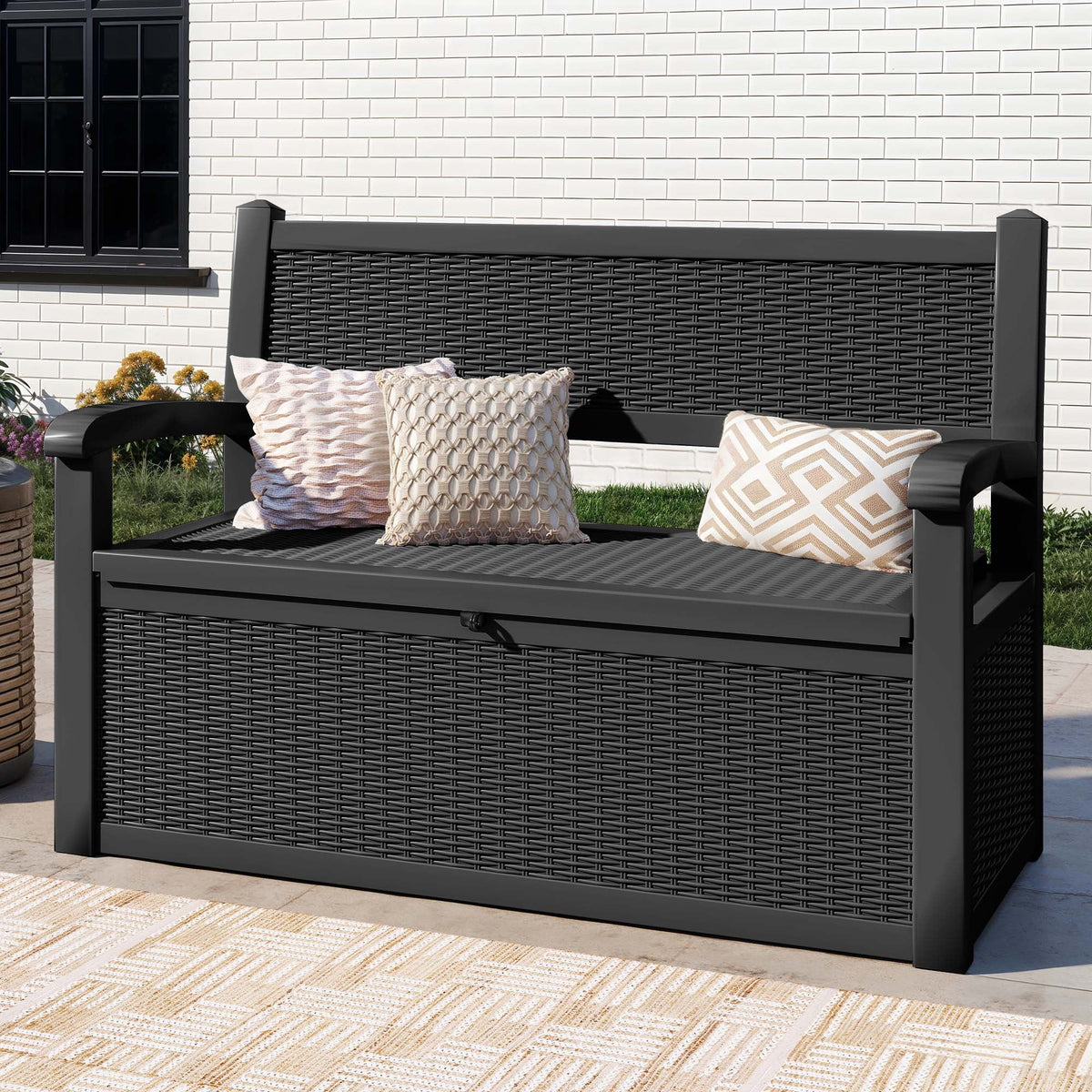 ModFusion 70-Gallon Outdoor Resin Storage Cabinet with Rattan Backrest Waterproof Patio Bench Seat, 500 lbs Capacity, Black