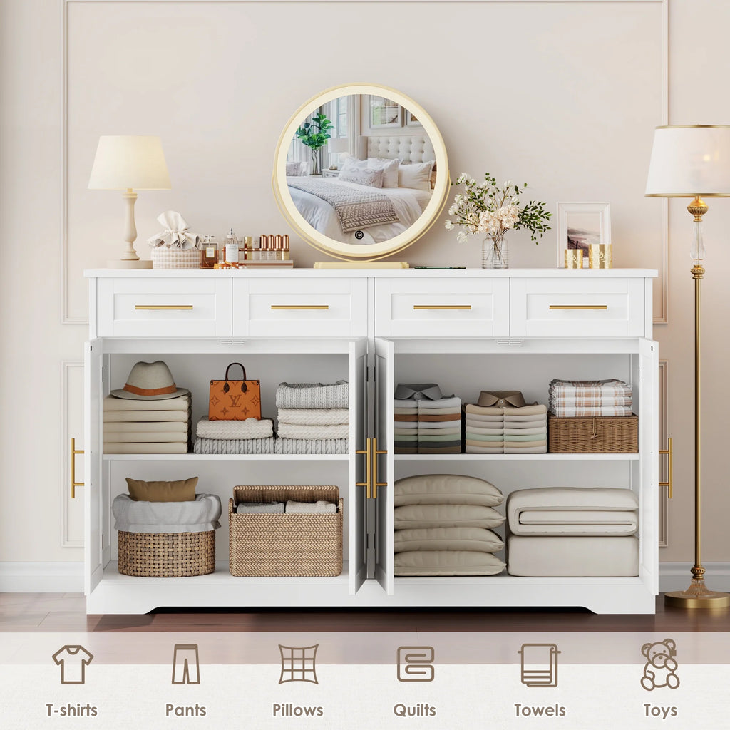 Homfa Farmhouse Buffet Cabinet with 4 Drawers and 4 Doors, 59" W Sideboard Buffet Storage Cabinet with Shelves, for Kitchen Living Room Bedroom, Wash Gray