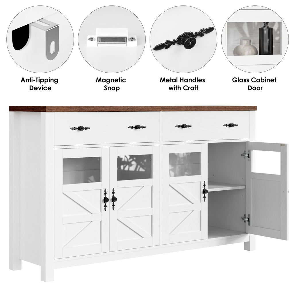 Homfa Farmhouse 55.1"WKitchen Buffet Cabinet with Storage Drawer & Adjustable Shelf, Glass Door Wood Sideboard Credenza Coffee Bar with for Dining Room Living Room, White & Black