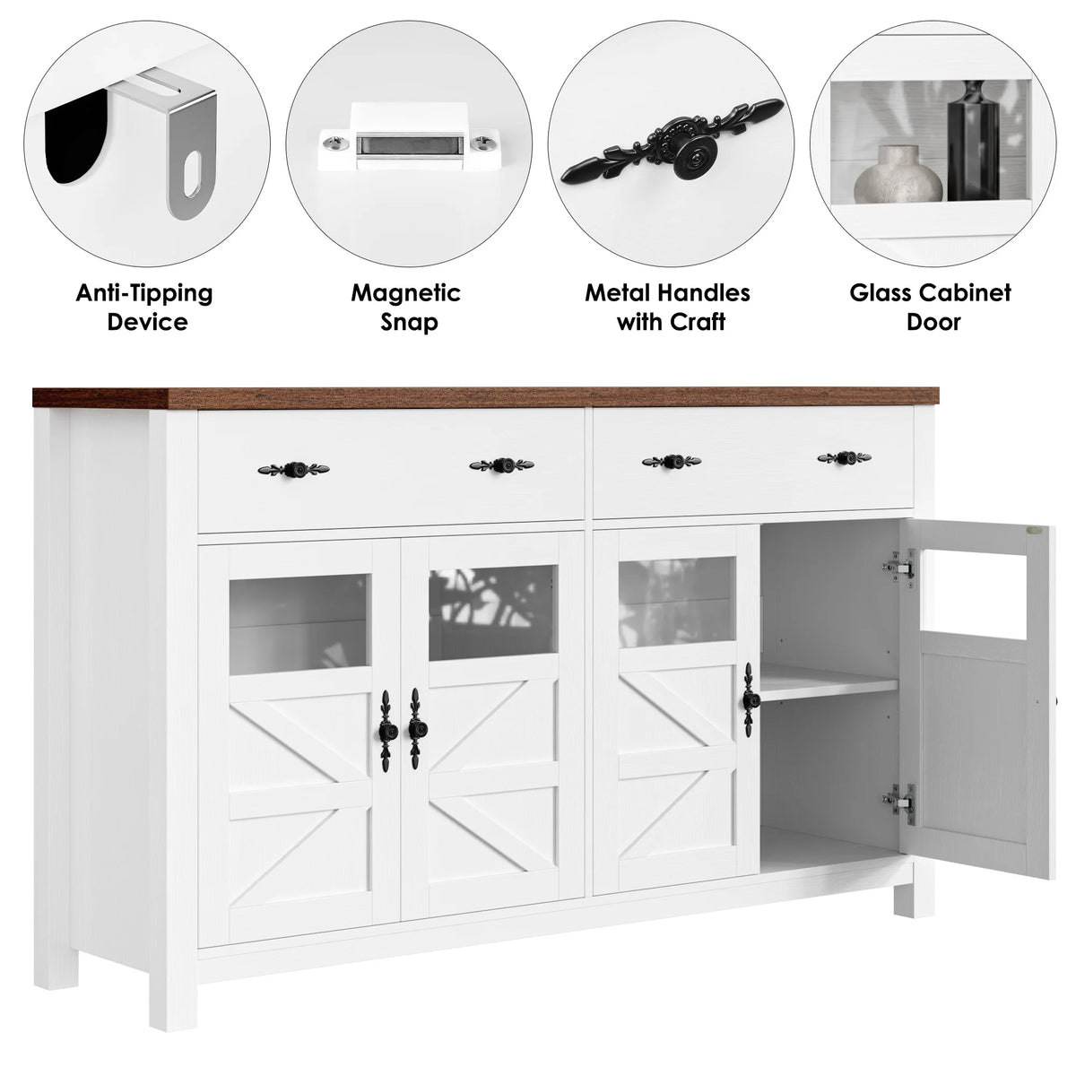 Homfa Farmhouse 55.1"WKitchen Buffet Cabinet with Storage Drawer & Adjustable Shelf, Glass Door Wood Sideboard Credenza Coffee Bar with for Dining Room Living Room, White & Black