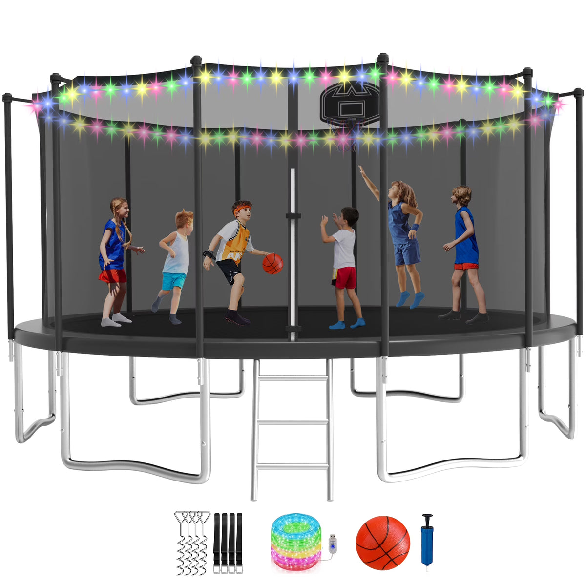 KOFUN Trampoline for Adults and Kids, 16FT 15FT 14FT 12FT 10FT 8FT Trampoline with Basketball Hoop, Enclosure Net, Ladder, Light, Anchor Kits, Heavy Duty Outdoor Backyard Trampolines, Black