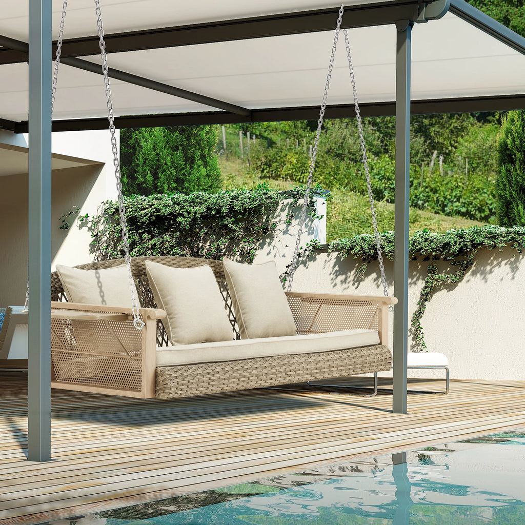 Homrest 3-Person Porch Swing 55in Wicker Hanging Swing Bench with Cushions and Cupholders for Deck, Garden and Backyard, Beige