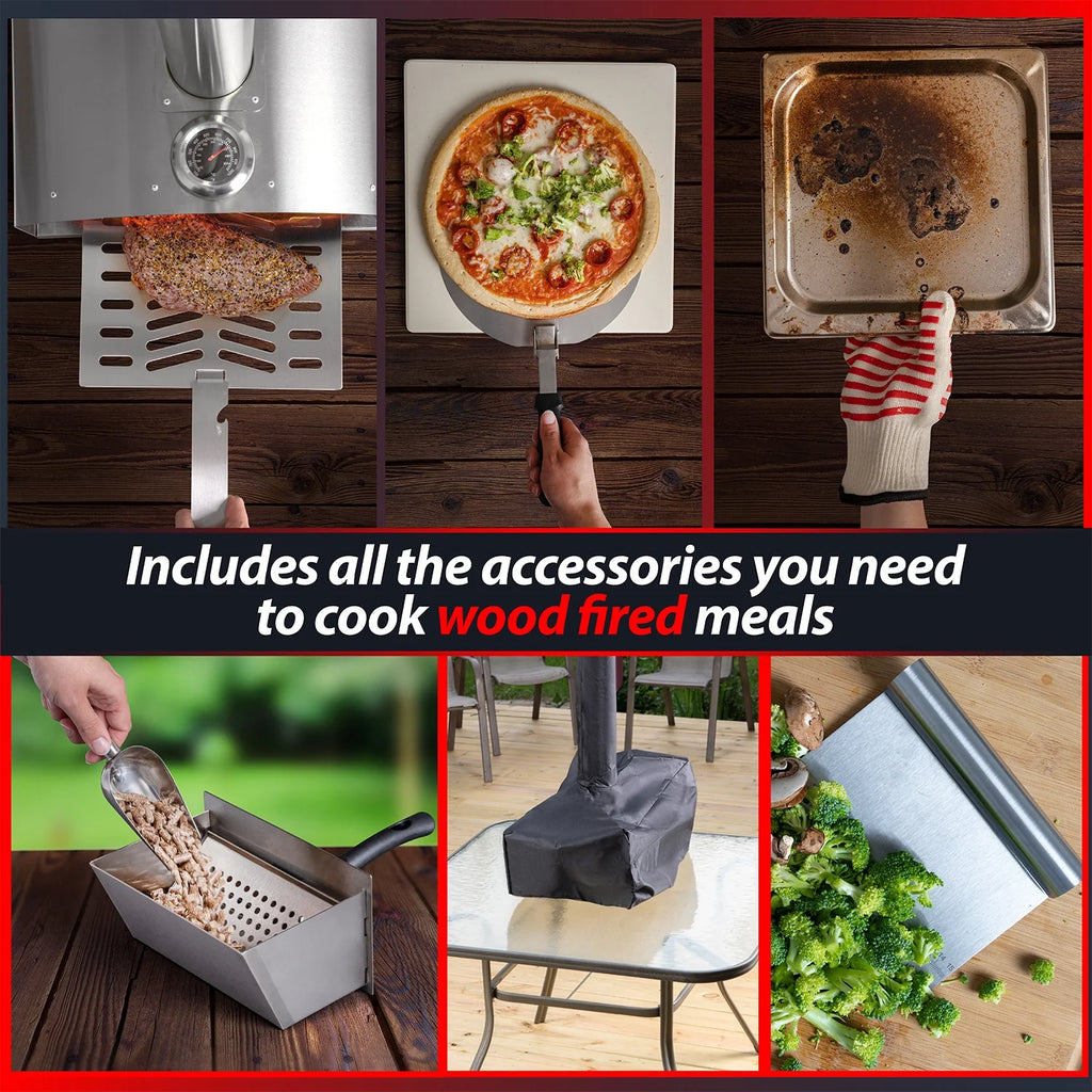 Deco Chef Outdoor Pizza Oven with 2-in-1 Pizza and Grill Oven Functionality, 13" Pizza Stone, Portable 3-Layer Stainless Steel Construction, Pizza Peel, Dough Scraper, Scoop, Slotted Grill (Black)