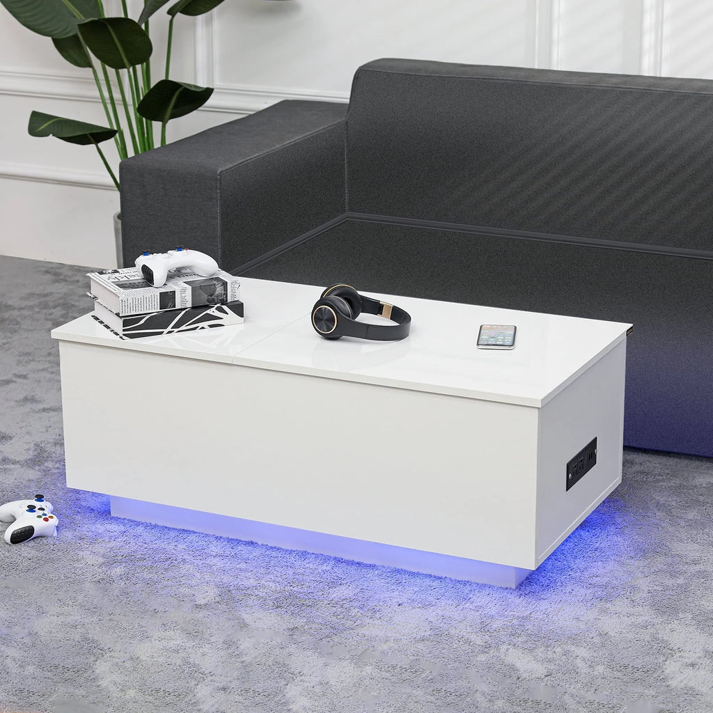 LED Coffee Table Lift Top End Table with with Charging Station and Storage Space Modern Rectangle Cocktail Tables Sofa Side Dining Table